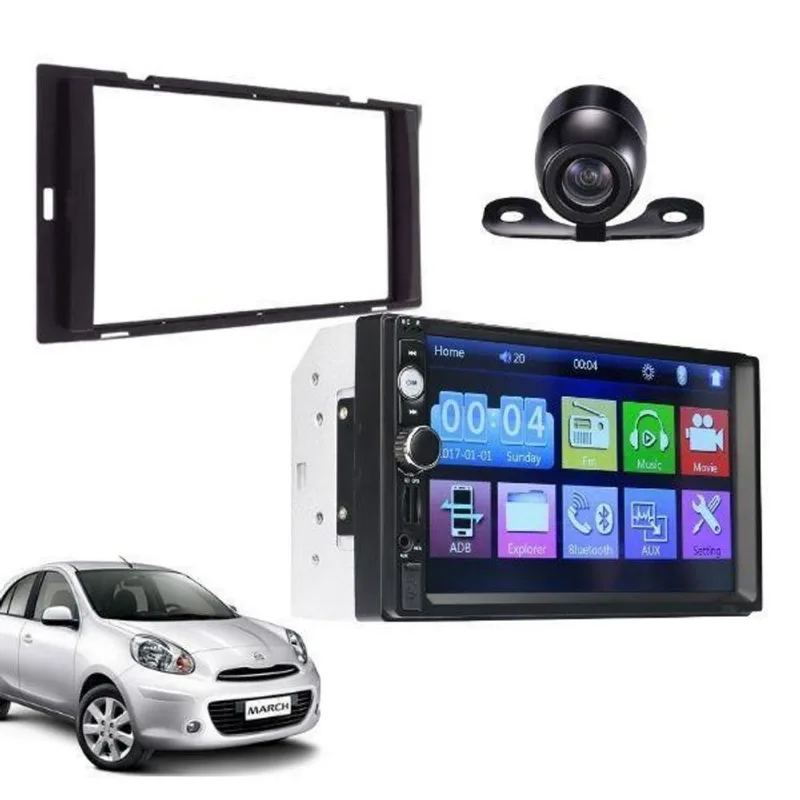 Kit Multimídia Nissan March Com Moldura 2 Din + Central Multimidia Mp5 7 + Camera De Ré + Chicotes
