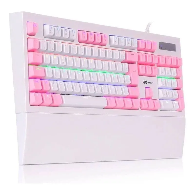 Teclado Gamer Mecânico Led C/Apoio Punho Kpte102 Branco/Rosa
