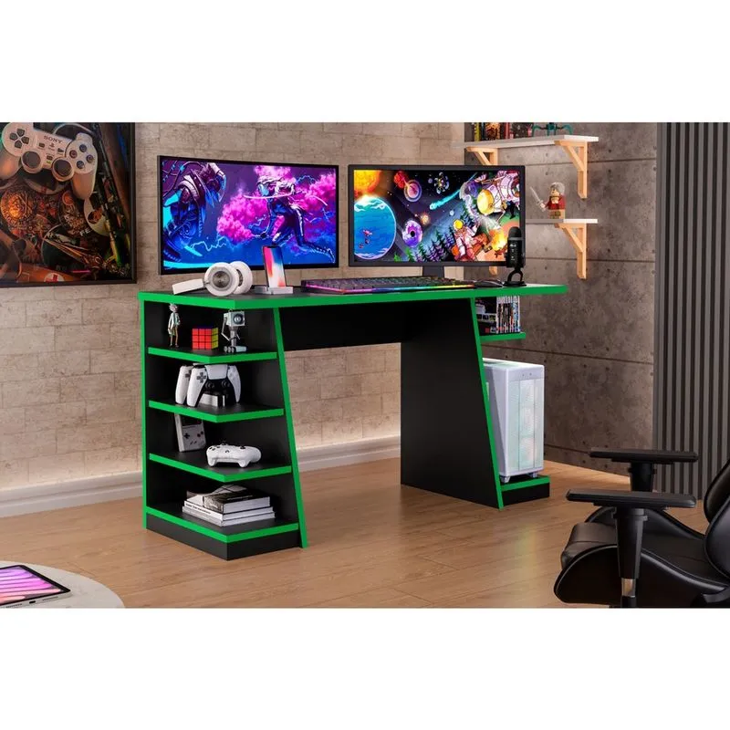 Mesa Gamer Escrivaninha Max Para Escritório Quarto Preto com Verde - Rede Móveis