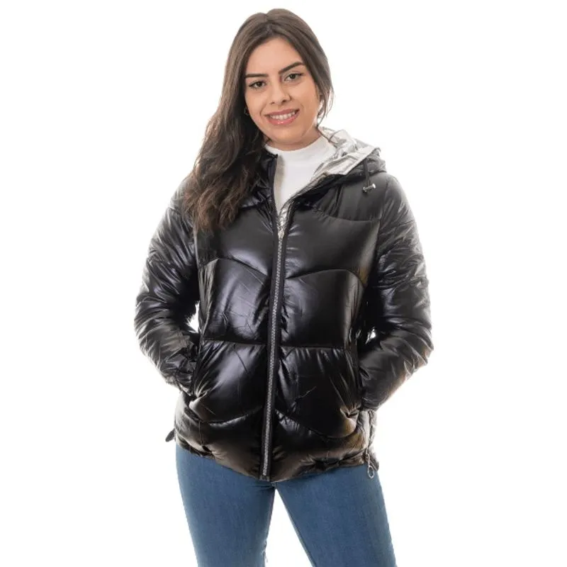 Jaqueta puffer feminina preta metalizada