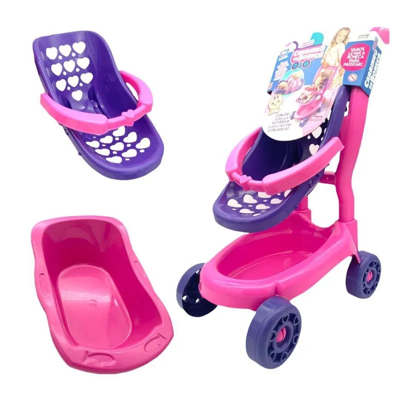 Kit Carrinho De Boneca + Banheira Brinquedo Infantil