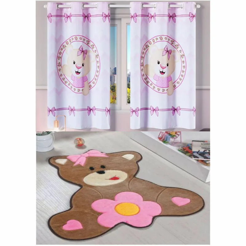 Kit Classico Quarto De Criança = Cortina Oxford + Tapete Ursa Baby - Rosa