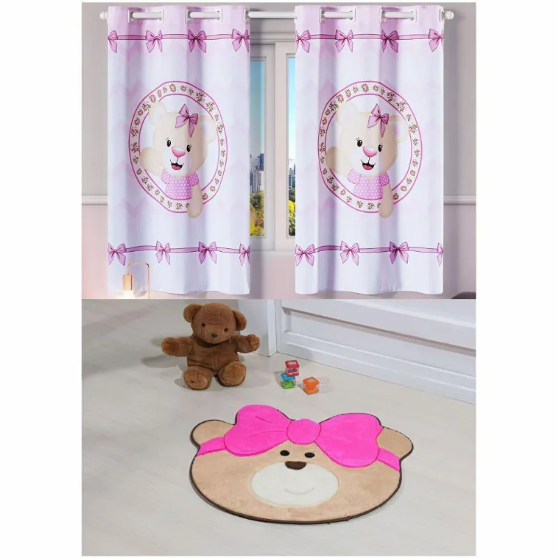 Kit Classico Quarto De Criança = Cortina Oxford + Tapete Ursa Laço - Rosa
