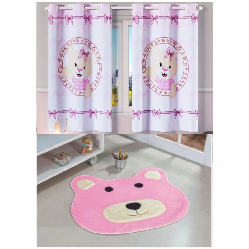 Kit Classico Quarto De Criança = Cortina Oxford + Tapete Ursa - Rosa