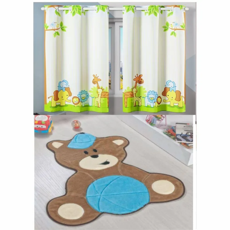 Kit Classico Quarto De Criança = Cortina Oxford + Tapete Urso Baby - Turquesa