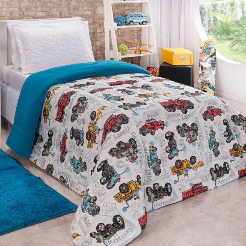 Coberdrom Edredom Carros Solteiro Dupla Face Malha Manta Soft Azul