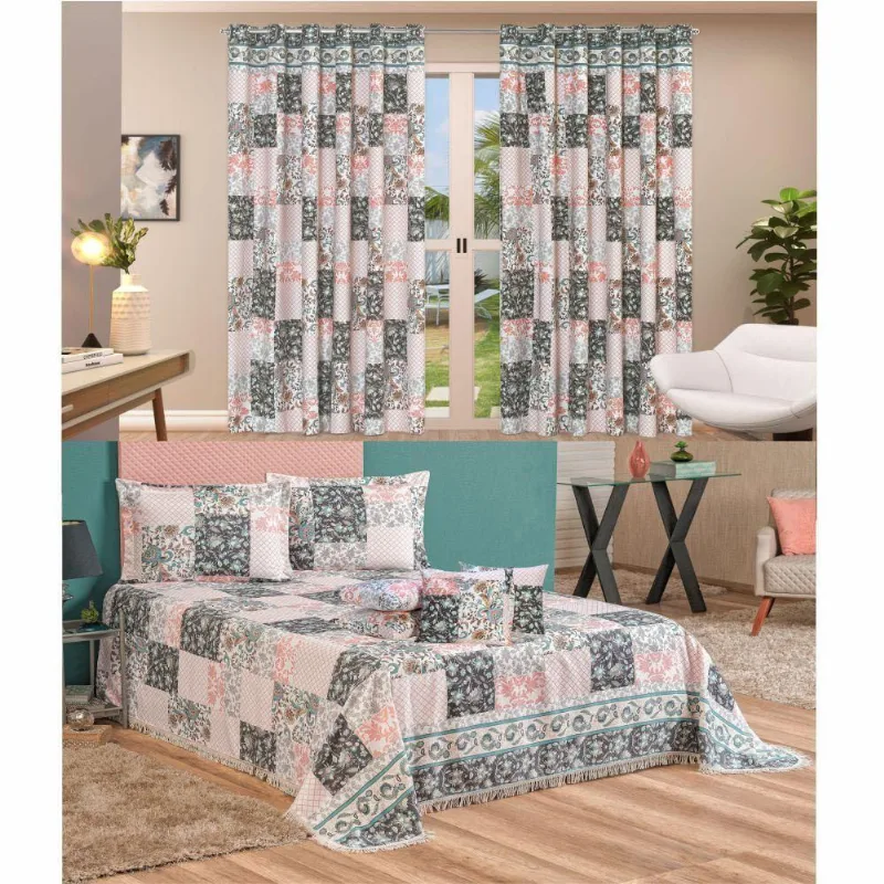Colcha Padrão Com Capas Almofadas + Cortina 3 Mts Salmão