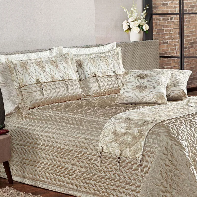 Kit Cobre Leito King Espanha Cetim Liso 08 Peças - Bege
