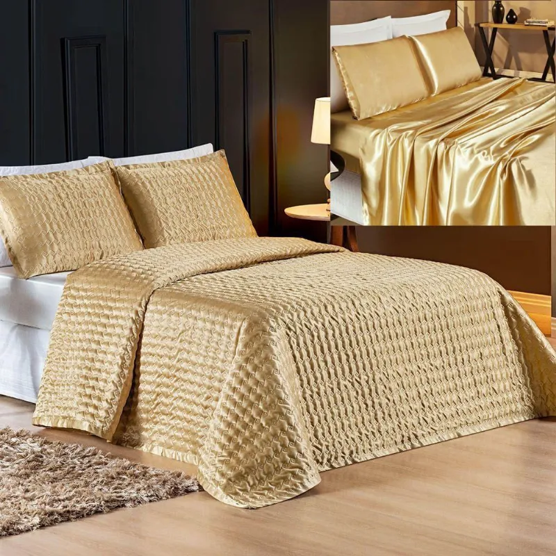 Coordenado Cobre Leito E Lençol La Fiori Queen 7 Peças - Dourado
