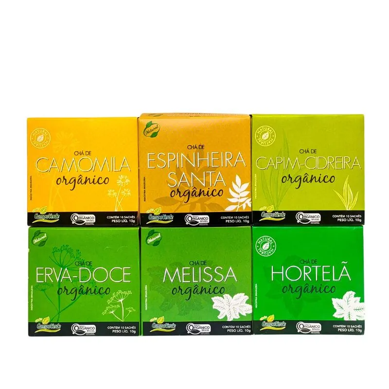 Kit Chá Sabores Hortelã Espinheira Santa Capim Cidreira Erva Doce Camomila Melissa Campo Verde 60 Saches