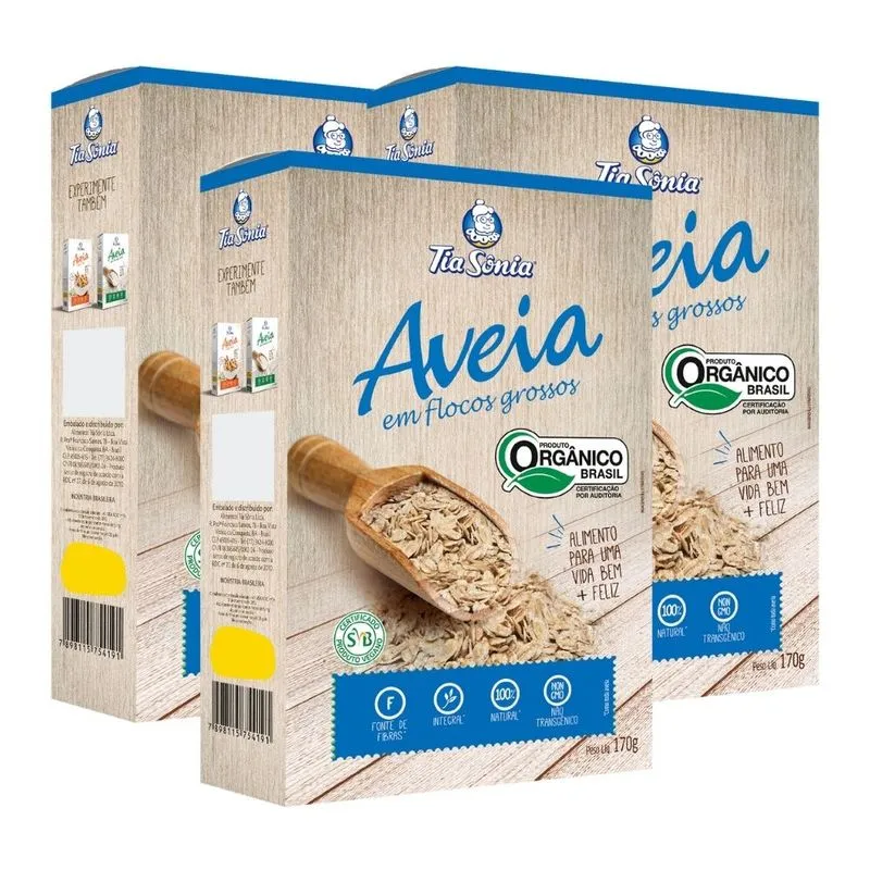 Kit 3 Aveia Integral Orgânica Flocos Grossos 510gr Tia Sônia