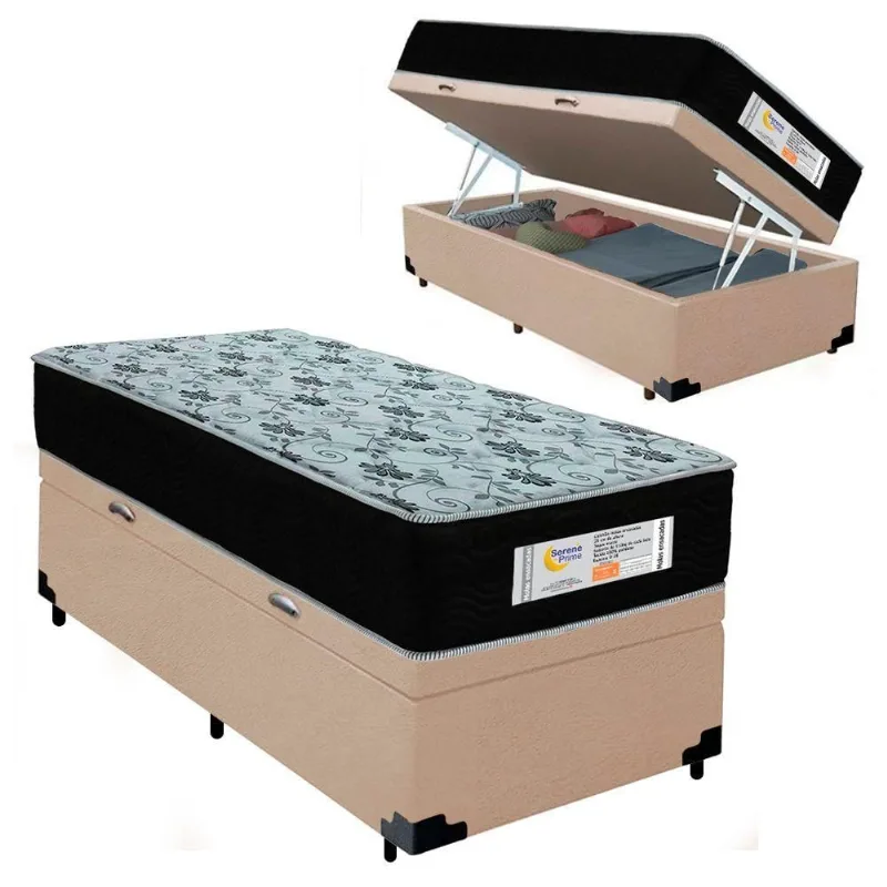 Cama Box com Baú Solteiro Sonnolux Molas Ensacadas Suede Bege Sereneprime