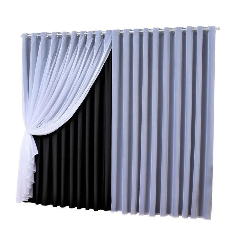 Cortina Sala Quarto Voal Com Forro Blackout Preto 3,00X2,80