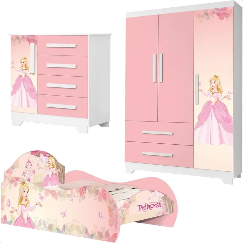 Quarto Infantil Princesa Com Cama, Comoda, Guarda Roupa Rosa