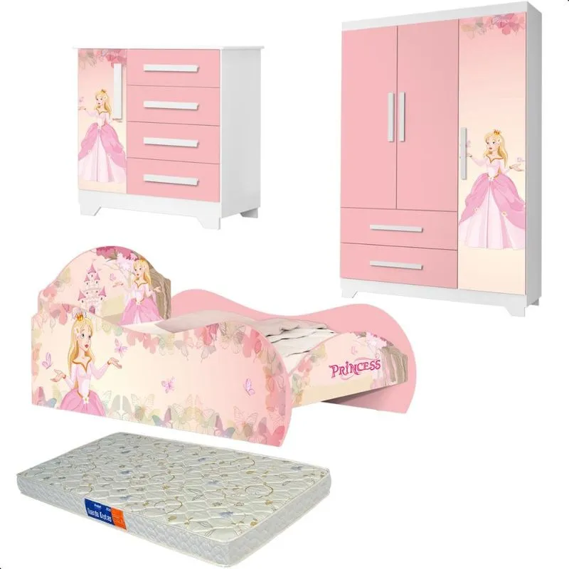 Quarto Infantil Princesa com Cama Guarda Roupa e Colchão