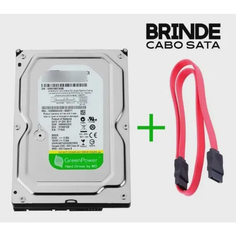 HD Western Digital 500GB Green Power 5400RPM com Cabo Sata Conector Reto