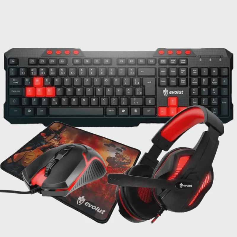 Kit Gamer Completo 4 em 1 LED Evolut Mouse Teclado Headset Mousepad