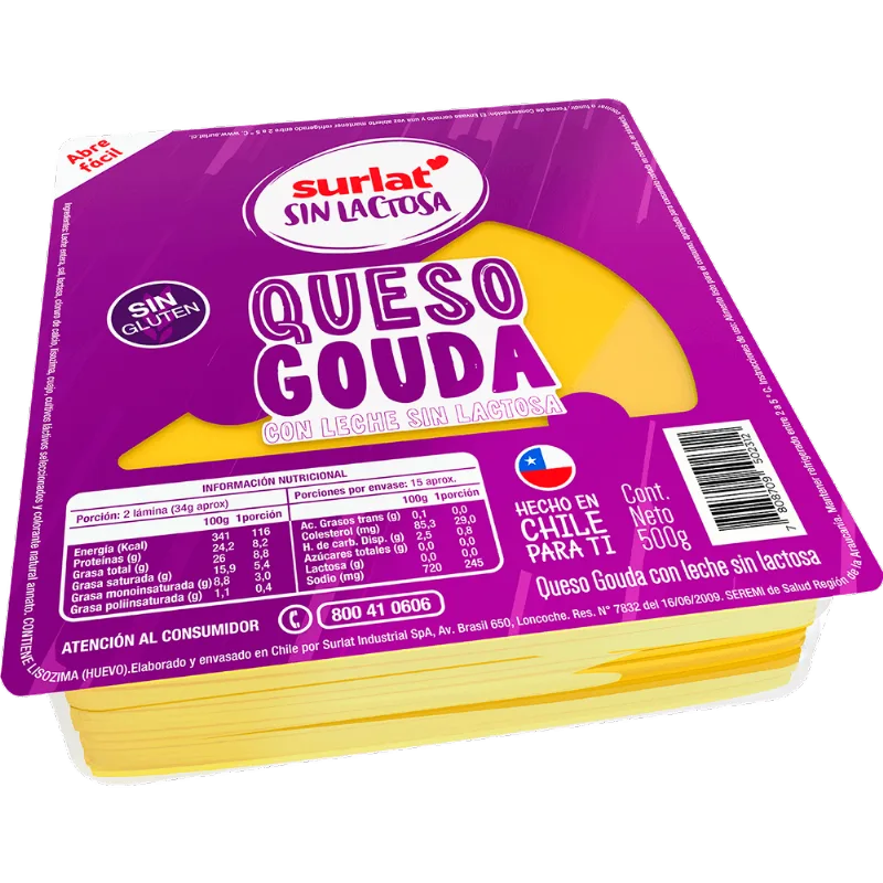 Queso Gauda Sin Lactosa Surlat Envasado Laminado 500 g