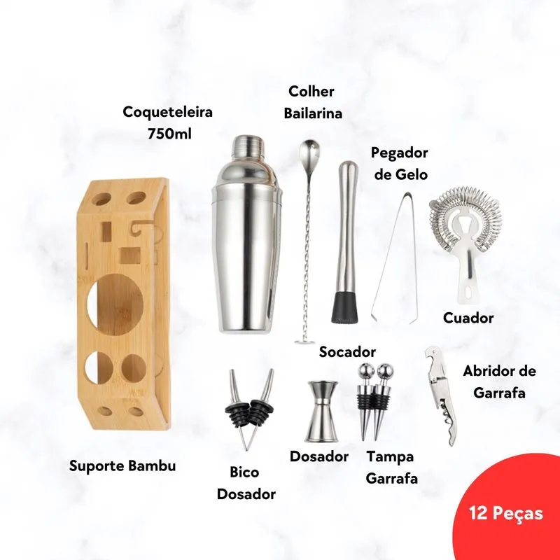 Kit Coqueteleira Em Aço Inox E Suporte De Bambu 12 Peças