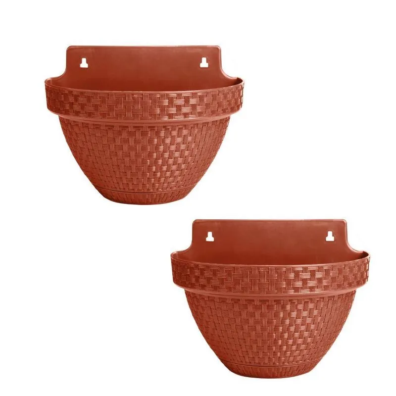 2 Vasos Parede Rattan 3 Litros Para Jardim Varanda Terracota