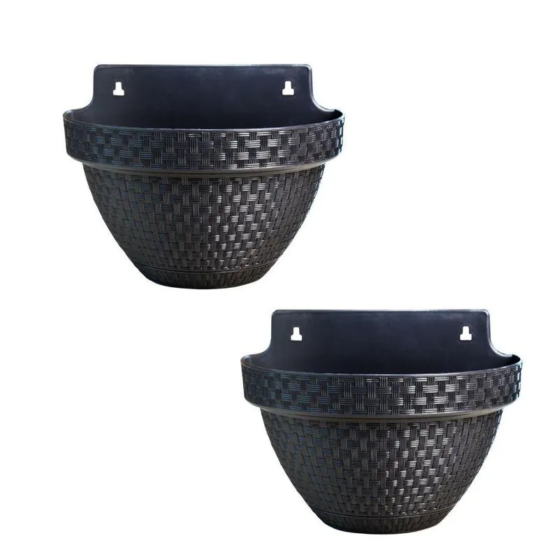 2 Vasos De Parede Rattan 3 Litros Para Jardim Varanda Preto