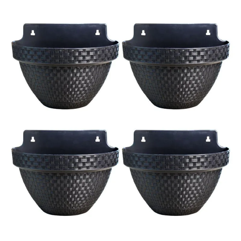 4 Vasos De Parede Rattan 3 Litros Para Jardim Varanda Preto