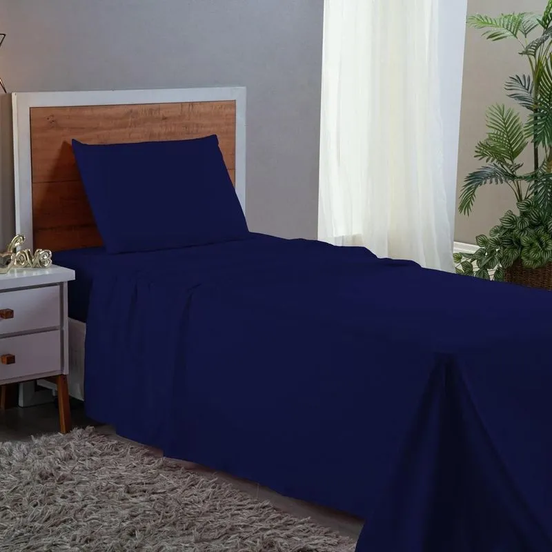 Jogo de Cama Solteiro 3pçs 400 Fios Azul Escuro