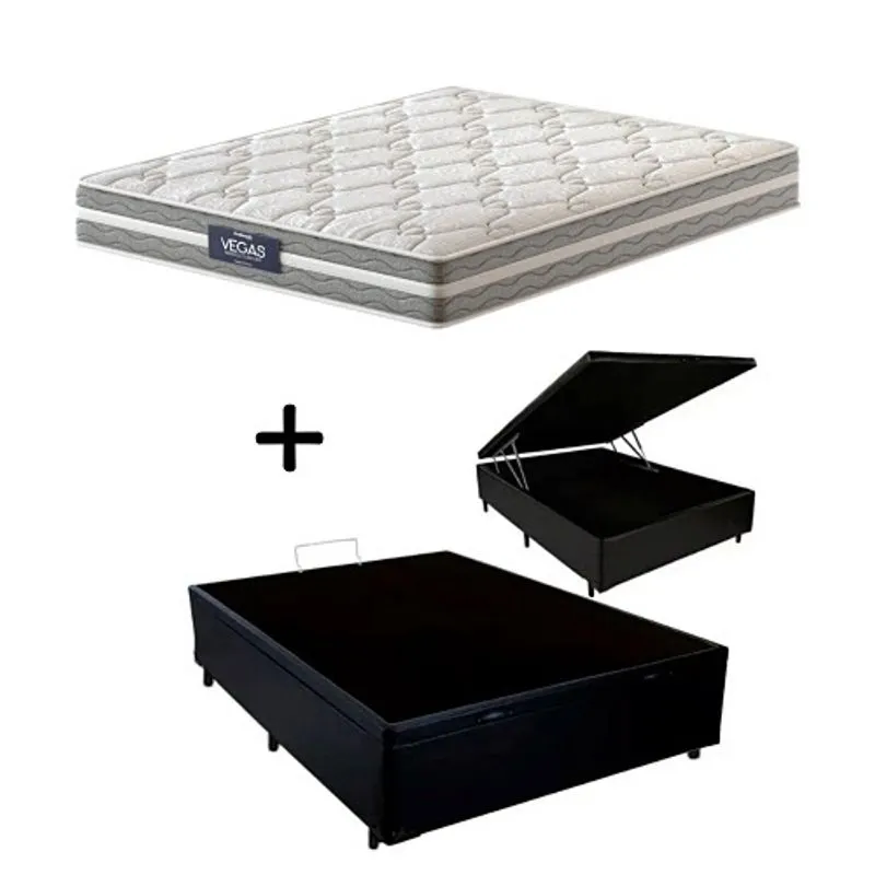 Cama Box c/ Baú Casal + Colchão Mola Ensacada Probel Vegas Springs Comfort Pillow Euro Casal (138x188x20cm)