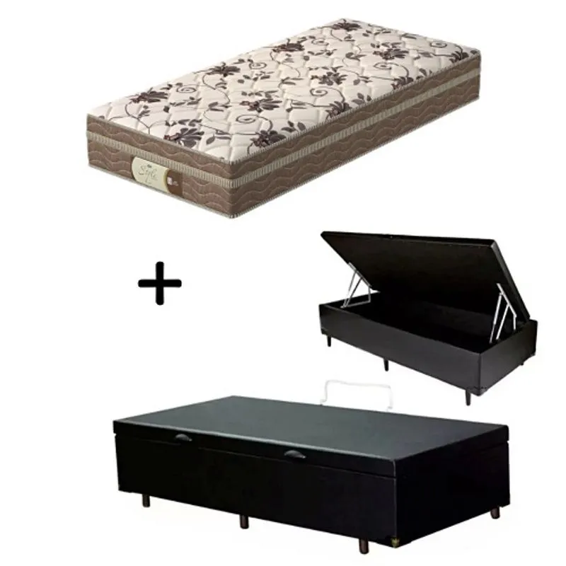 Cama Box c/ Baú Solteiro + Colchão Mola Ensacada Probel Style Pillow Euro Solteiro (88x188x25cm) H1