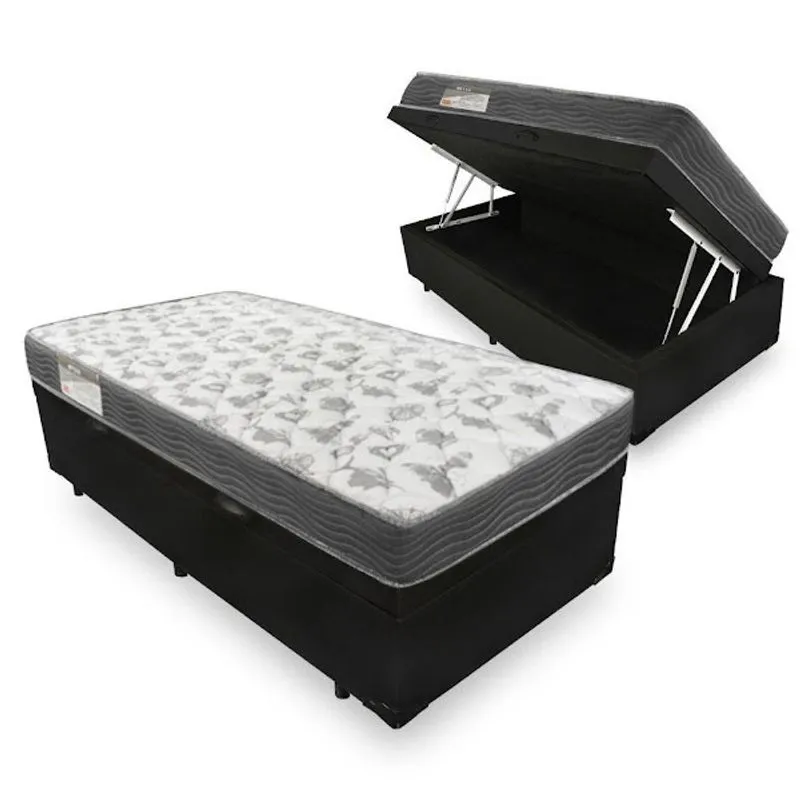 Cama Box c/ Baú Solteiro Corino Preto + Colchão Ortobom de Espuma D33 Iso 100