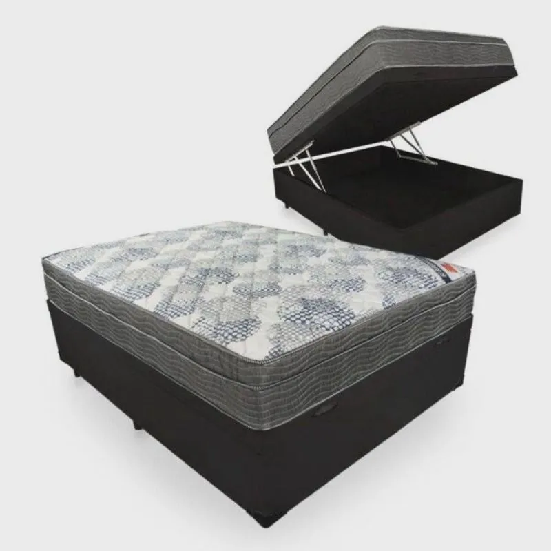 Cama Box Baú Casal Corino Preto + Colchão Ortobom iso Superpocket 138x188x68 cm