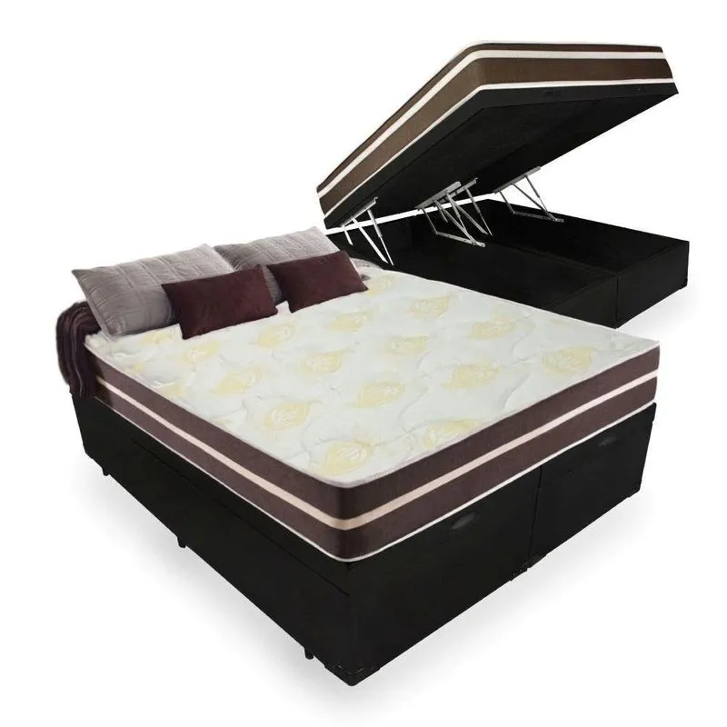 Cama Box Baú Queen + Colchão de Molas Ensacadas Classic Brow Firme para 120 kilos 158x198x64 cm