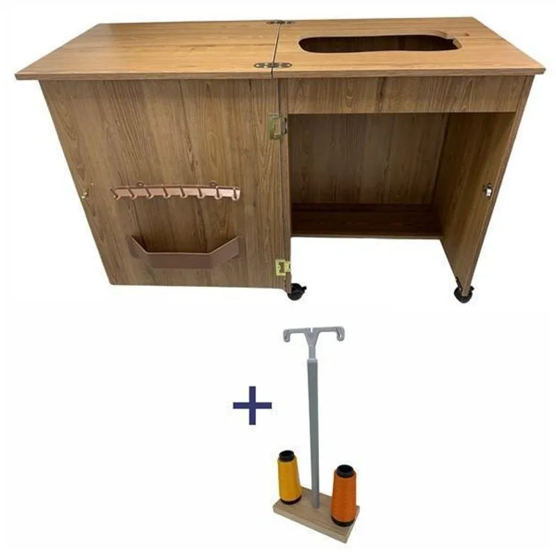 Gabinete Máquina De Costura Doméstica - Compacto E Elegante - Rodízios - 2 Tons Madeira