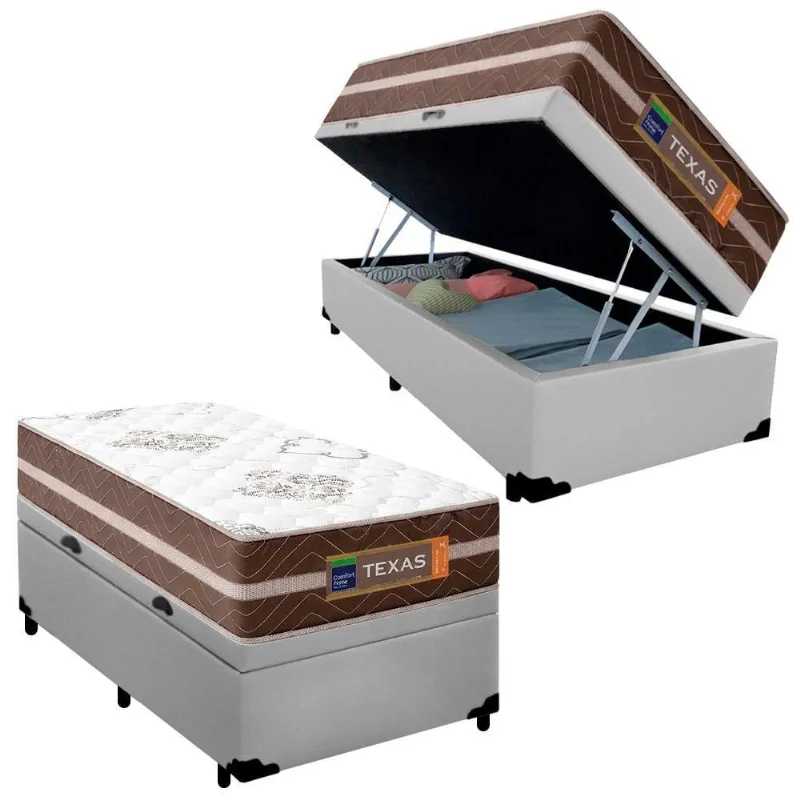 Cama Box Baú Solteiro Sintético + Colchão Molas Ensacadas Texas Prime Colchões 88cm Branco