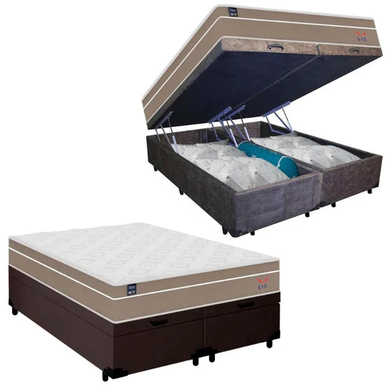 Cama Box Baú Casal Bipartido Suede + Colchão Lis Molas Ensacadas Plumatex 138x188x64cm Marrom