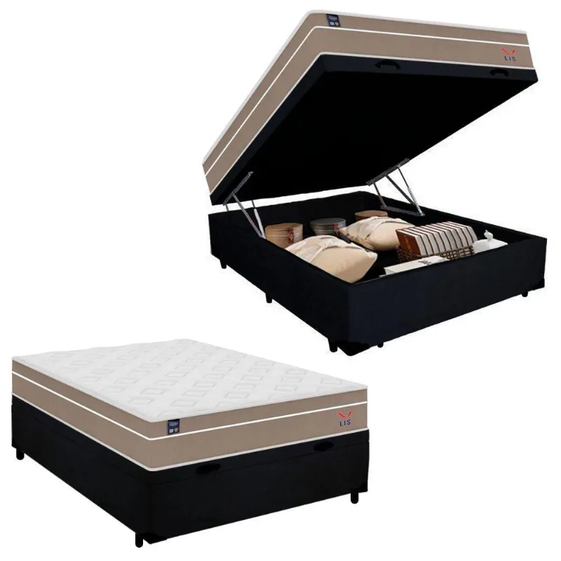 Cama Box Baú Casal Suede + Colchão Lis Molas Ensacadas Plumatex 138cm – Suporta Até 120 Kg Por Pessoa Preto