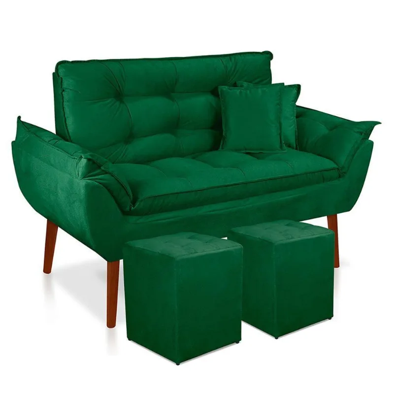 Kit Poltrona Decorativa Namoradeira 2 Puffs Quadrado E 2 Almofadas Suede - Lm Decor Verde