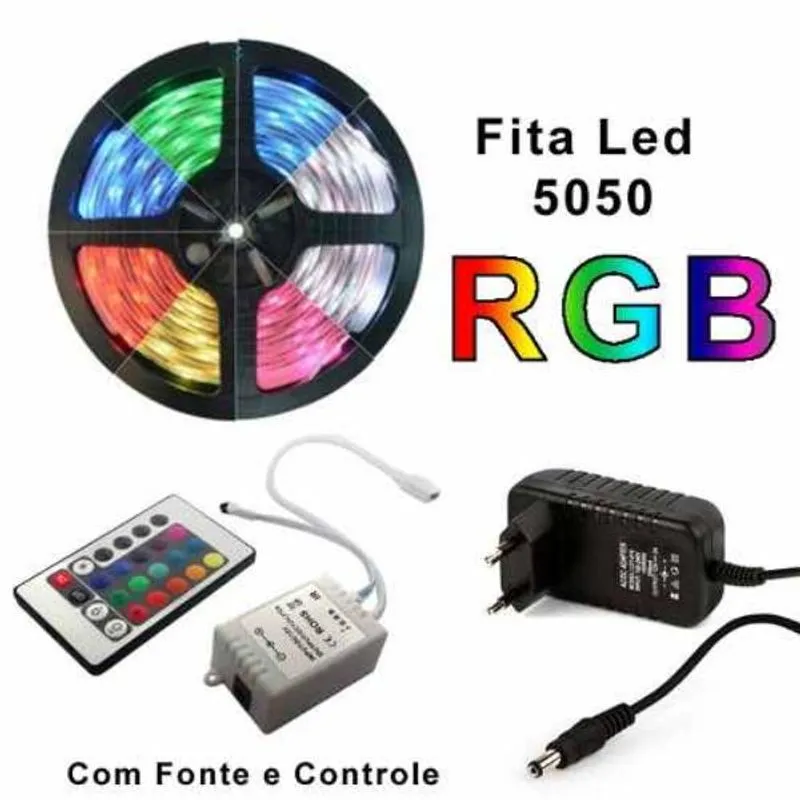 Fita Led 5m Rgb 16 Cores 5050 Prova D'água + Fonte + Controle