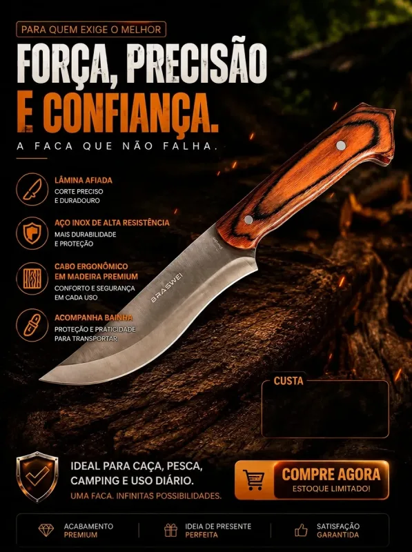 Faca para Churrasco Braswei 30cm em aço inox