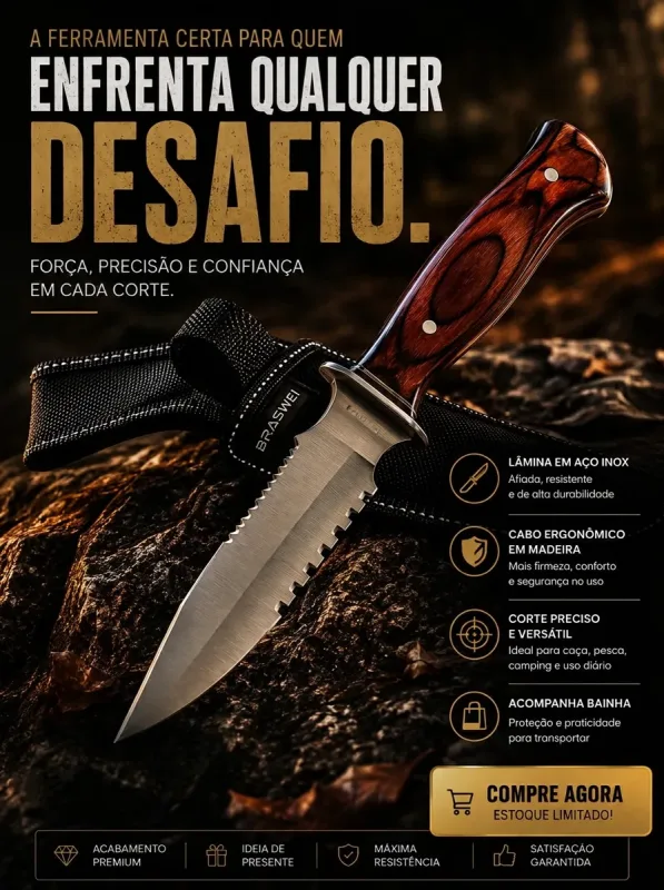 Faca Camping Tatica Braswei 30cm em aço inox