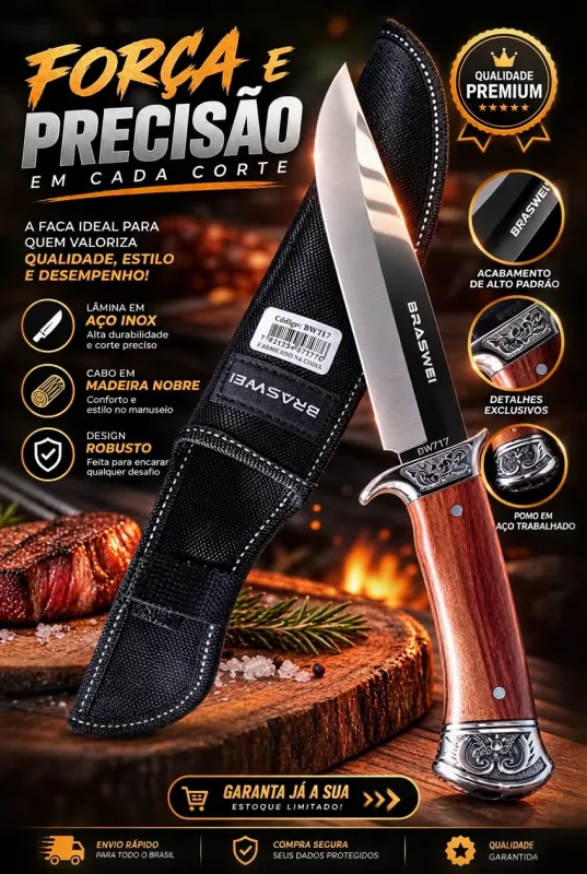 Faca para Churrasco Braswei 32cm em aço inox