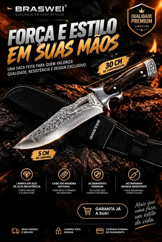 Faca para Churrasco Braswei 32cm em aço inox