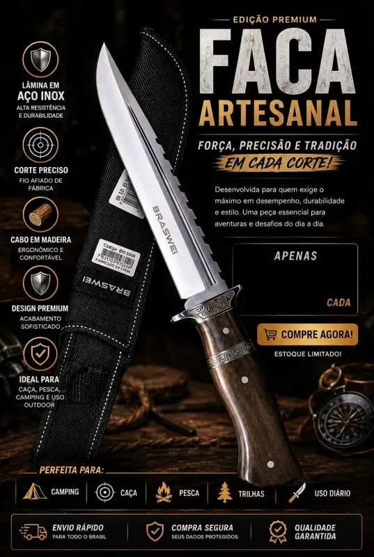 Faca para Churrasco Braswei 36cm em aço inox