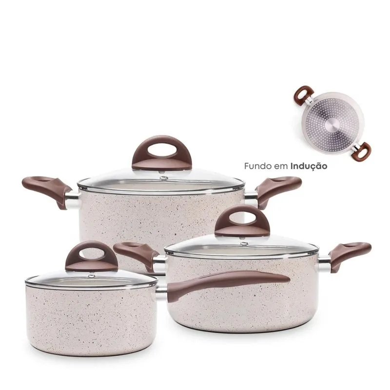 Jogo de Panelas Antiaderente Ceramica Vanilla Cooktop Fogão Indução Kit 3 Peças Conjunto Brinox