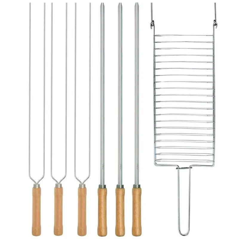 Kit Preparo Churrasco Grelha e Espetos 55cm 3 Simples e 3 Duplo Cabo Madeira p/ Churrasqueira Mor