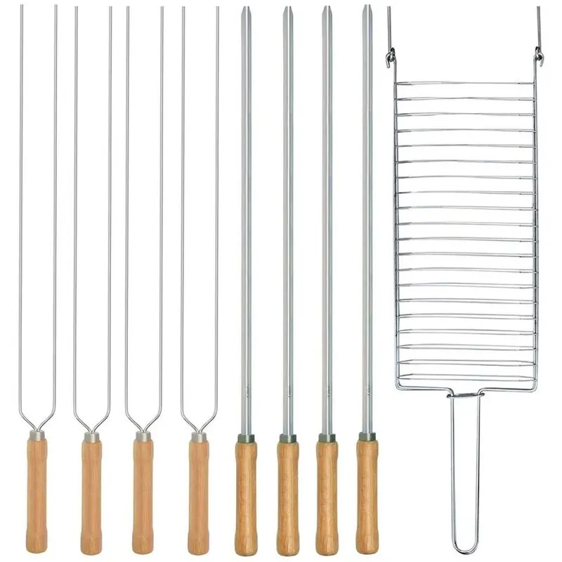 Kit Preparo Churrasco 9pcs Grelha e Espetos 55cm Simples e Duplo Cabo Madeira p/ Churrasqueira Mor