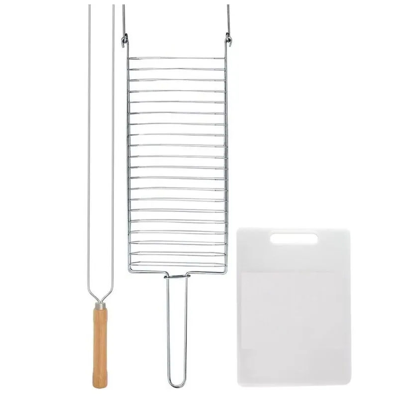 Kit Preparo Churrasco 3pcs Churrasqueira Grelha e Espeto 55cm Duplo Tabua de Corte