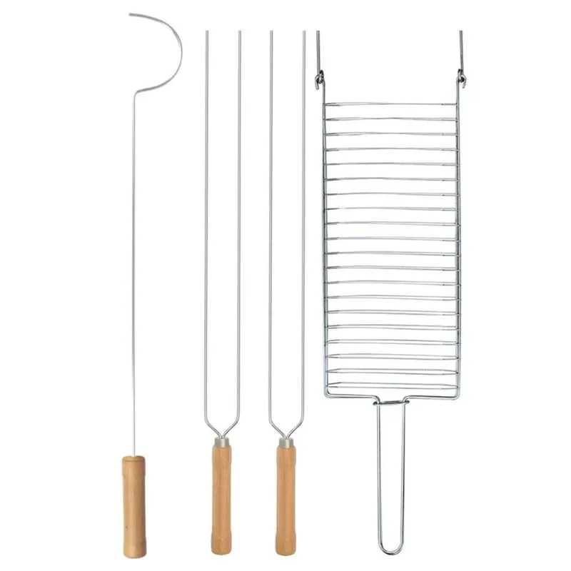 Kit Preparo Churrasco 4pcs Churrasqueira Espetos 55cm Grelha e Espalhador Brasa Cabo Madeira Mor