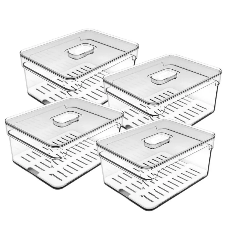 Kit 4pc Organizador De Geladeira 2,2L Com Tampa Escorredor Legumes Frutas Verduras Acrílico