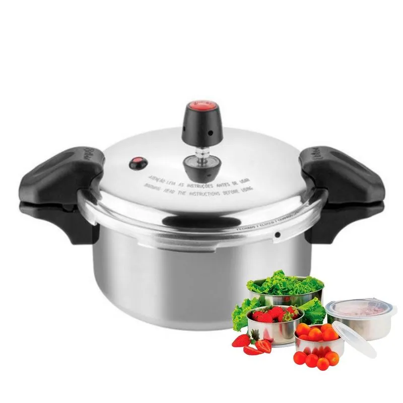 Panela De Pressão Alumínio Polida C/alça 3l Com 3 Potes Inox